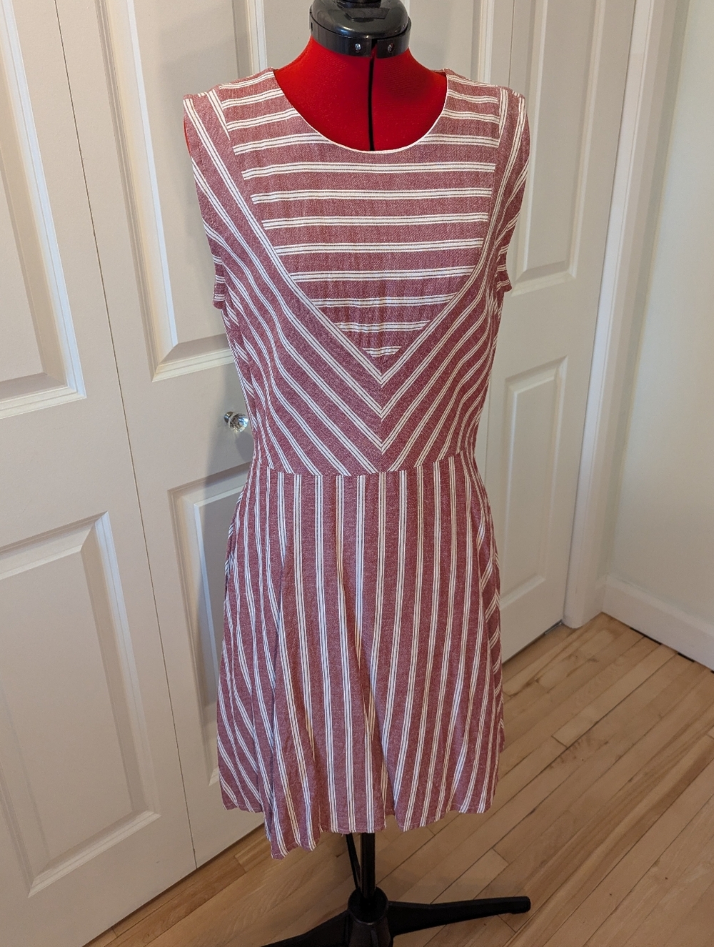 Designer Summer Linen A-Line Dress in Burgundy and White Stripes